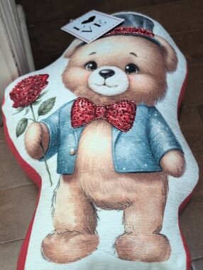 Cute Teddy Bear Decorative Pillow with Red Accents